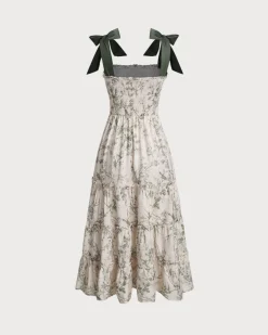 Green Floral Tie Strap Midi Dress
