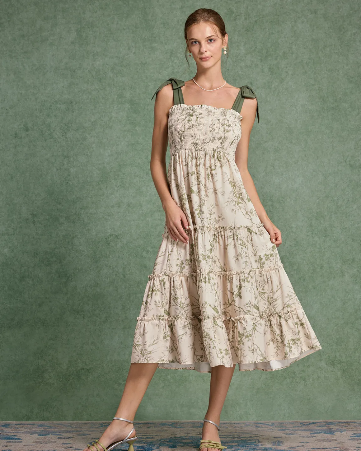 Green Floral Tie Strap Midi Dress