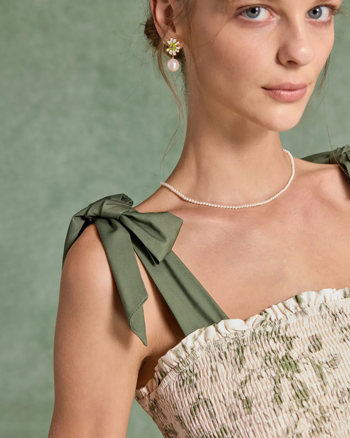 Green Floral Tie Strap Midi Dress