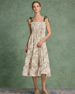 Green Floral Tie Strap Midi Dress