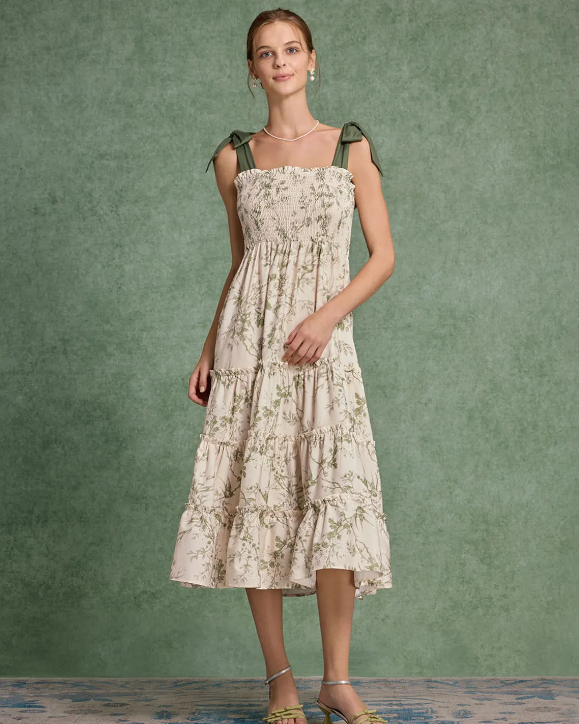 Green Floral Tie Strap Midi Dress