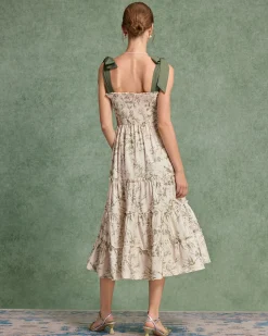 Green Floral Tie Strap Midi Dress