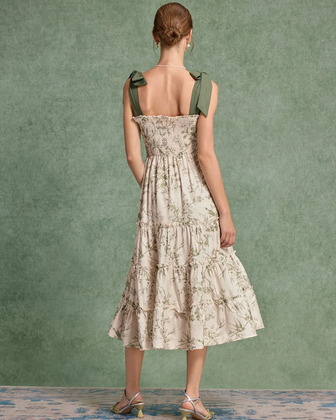Green Floral Tie Strap Midi Dress