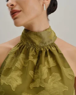 Green Floral Turtle Neck Tank Top