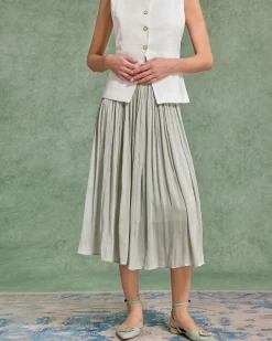 Green Flowy Pleated Midi Skirt
