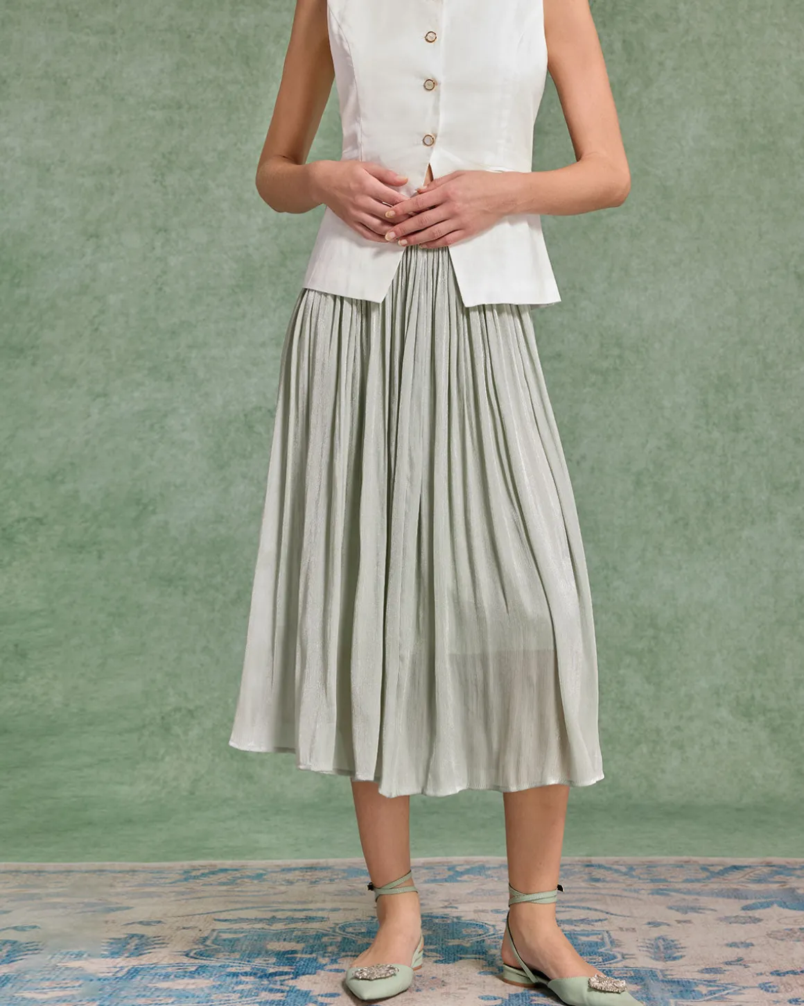 Green Flowy Pleated Midi Skirt