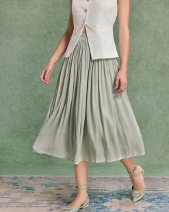 Green Flowy Pleated Midi Skirt