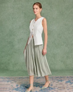 Green Flowy Pleated Midi Skirt