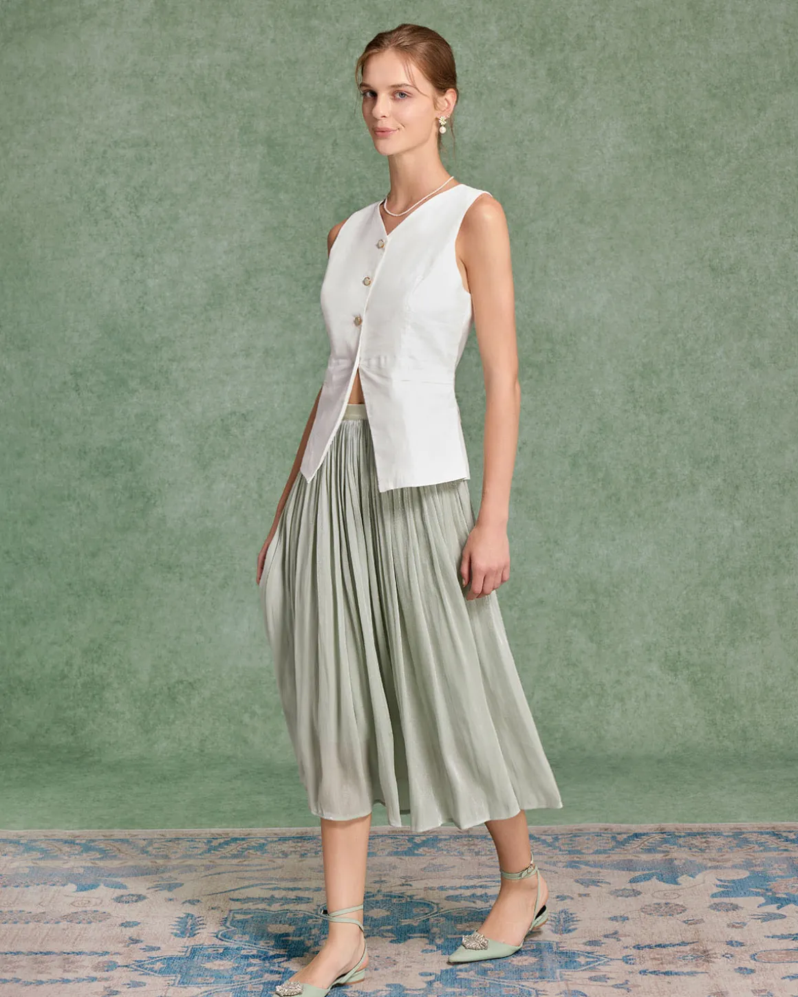 Green Flowy Pleated Midi Skirt
