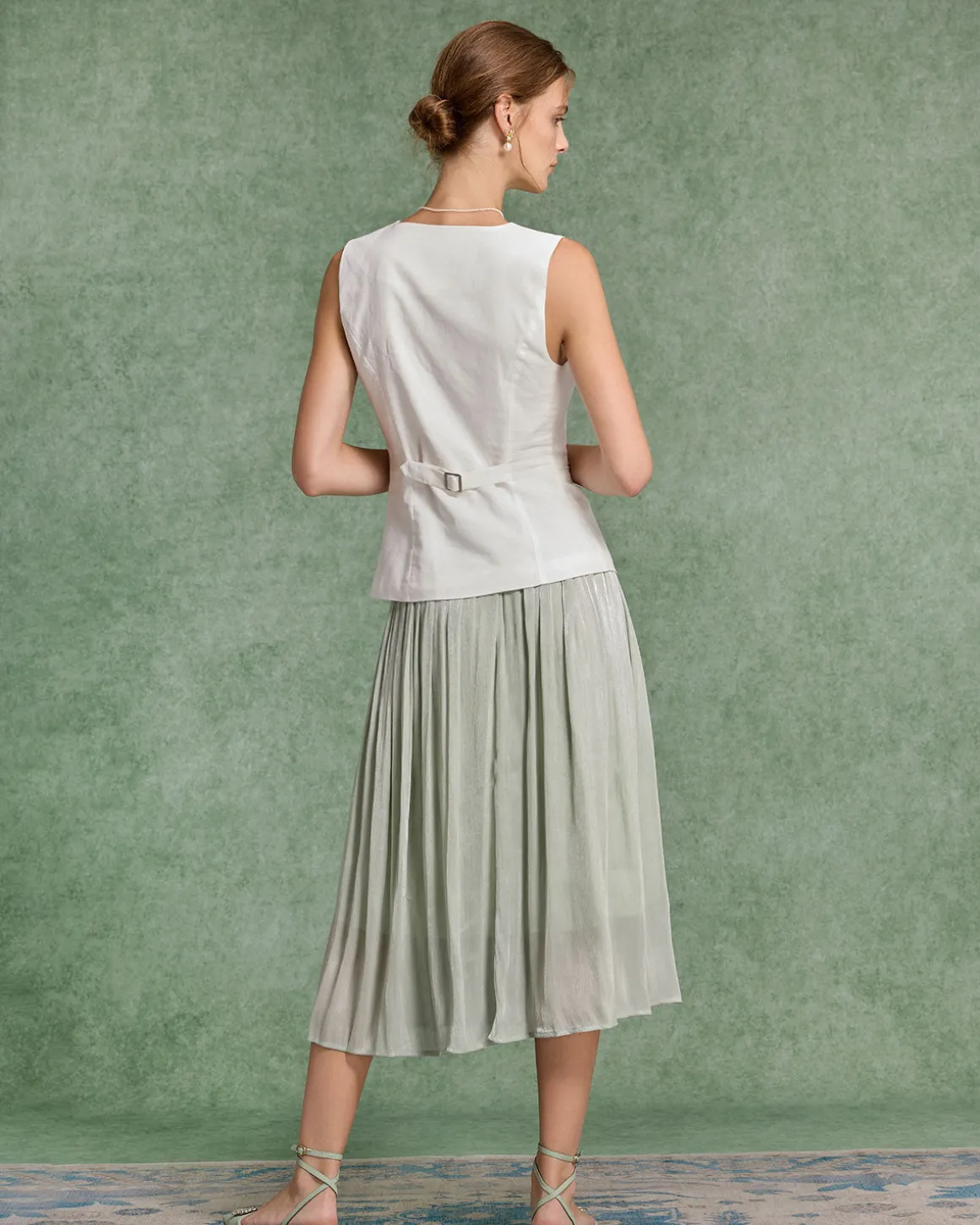 Green Flowy Pleated Midi Skirt