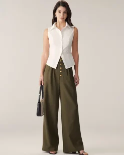 Green High-Waisted Straight Wide-Leg Pants