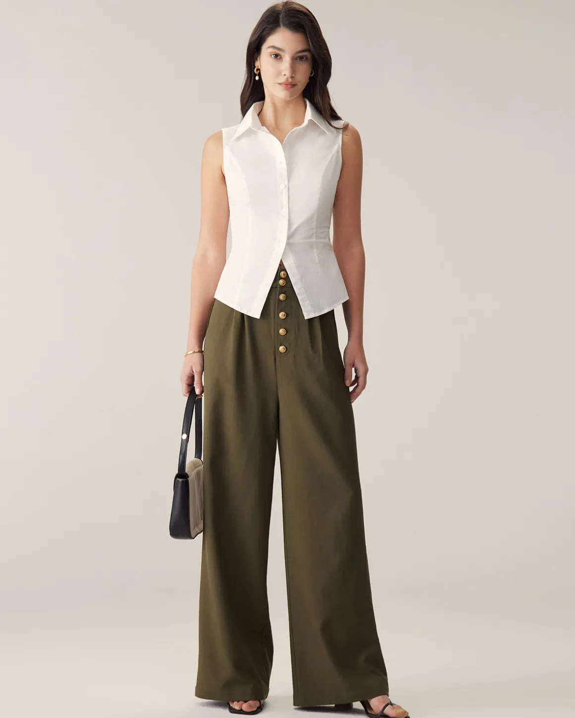 Green High-Waisted Straight Wide-Leg Pants