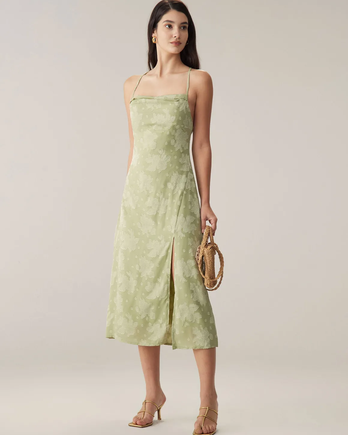 Green Jacquard Backless Slip Midi Dress