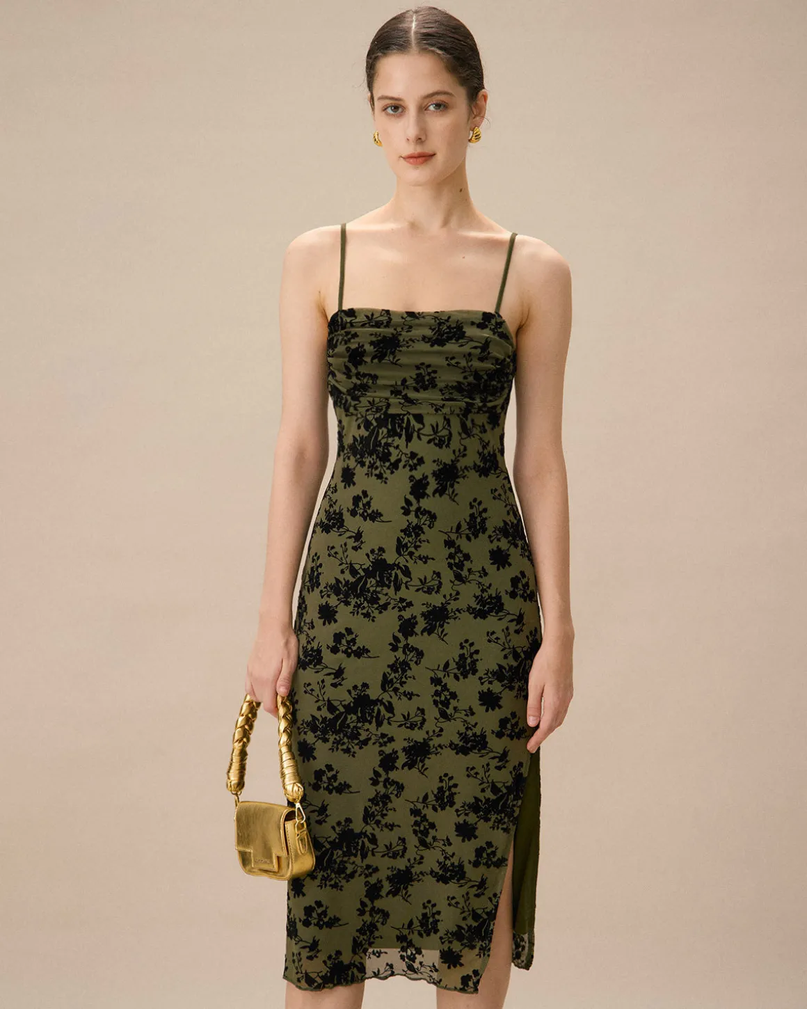 Green Jacquard Ruched Slit Midi Dress