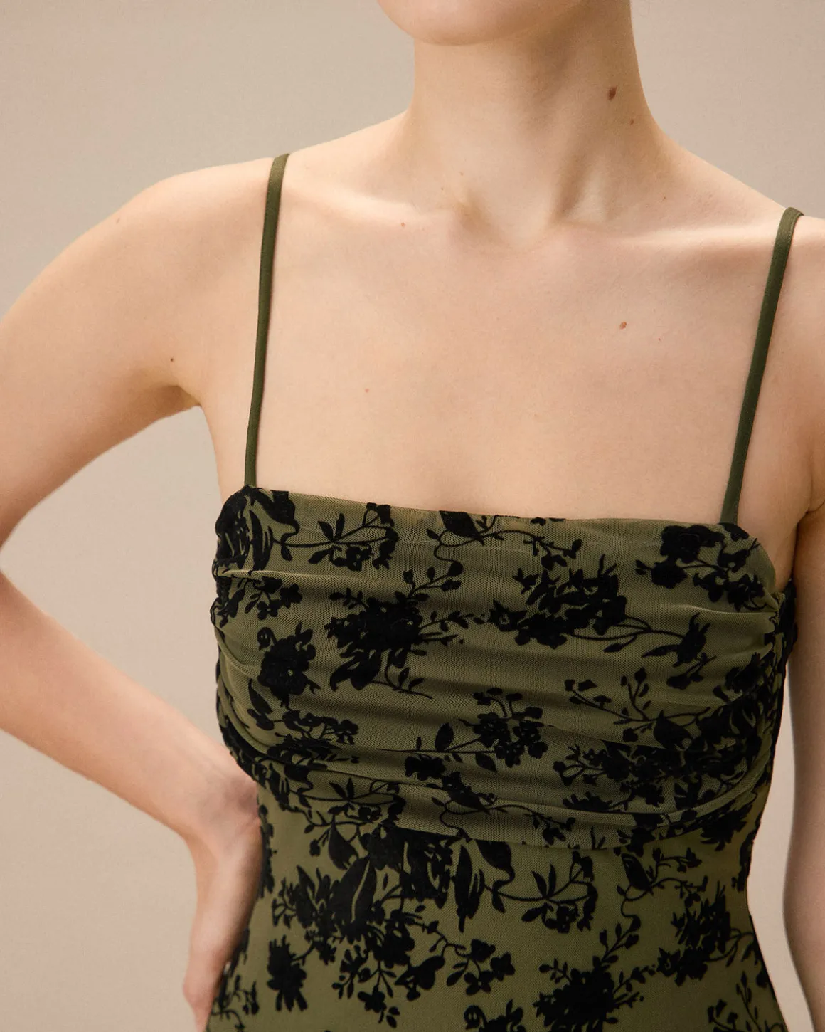 Green Jacquard Ruched Slit Midi Dress