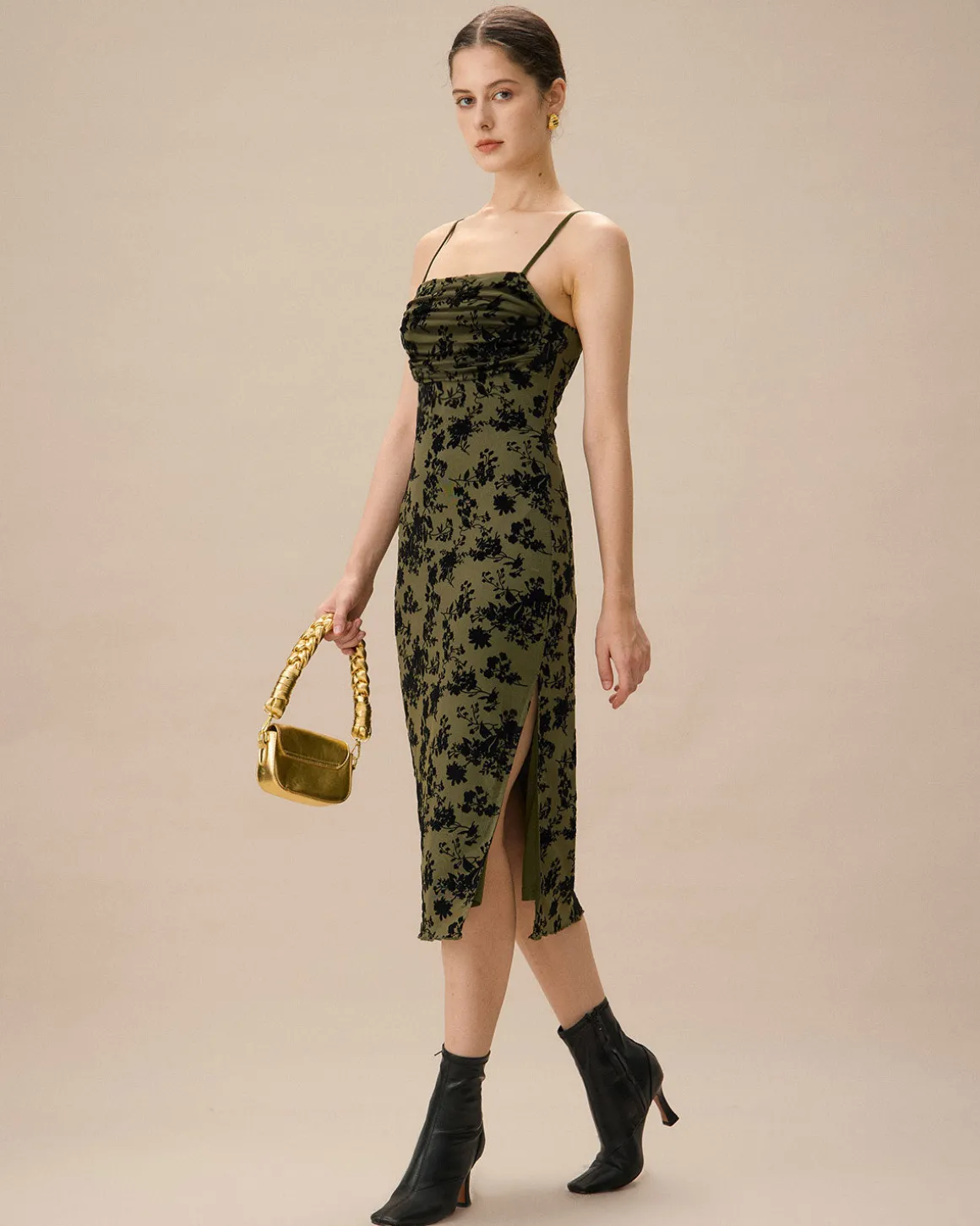 Green Jacquard Ruched Slit Midi Dress