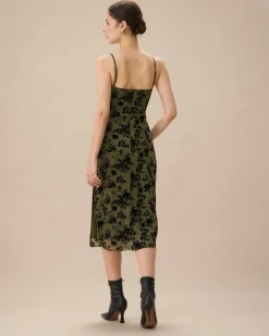 Green Jacquard Ruched Slit Midi Dress