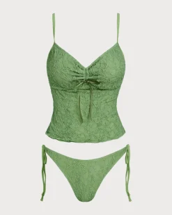 Green Lace Ruched Tankini Swimsuit