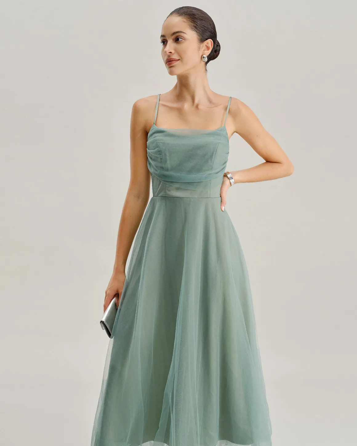Green Mesh Flowy Slip Midi Dress