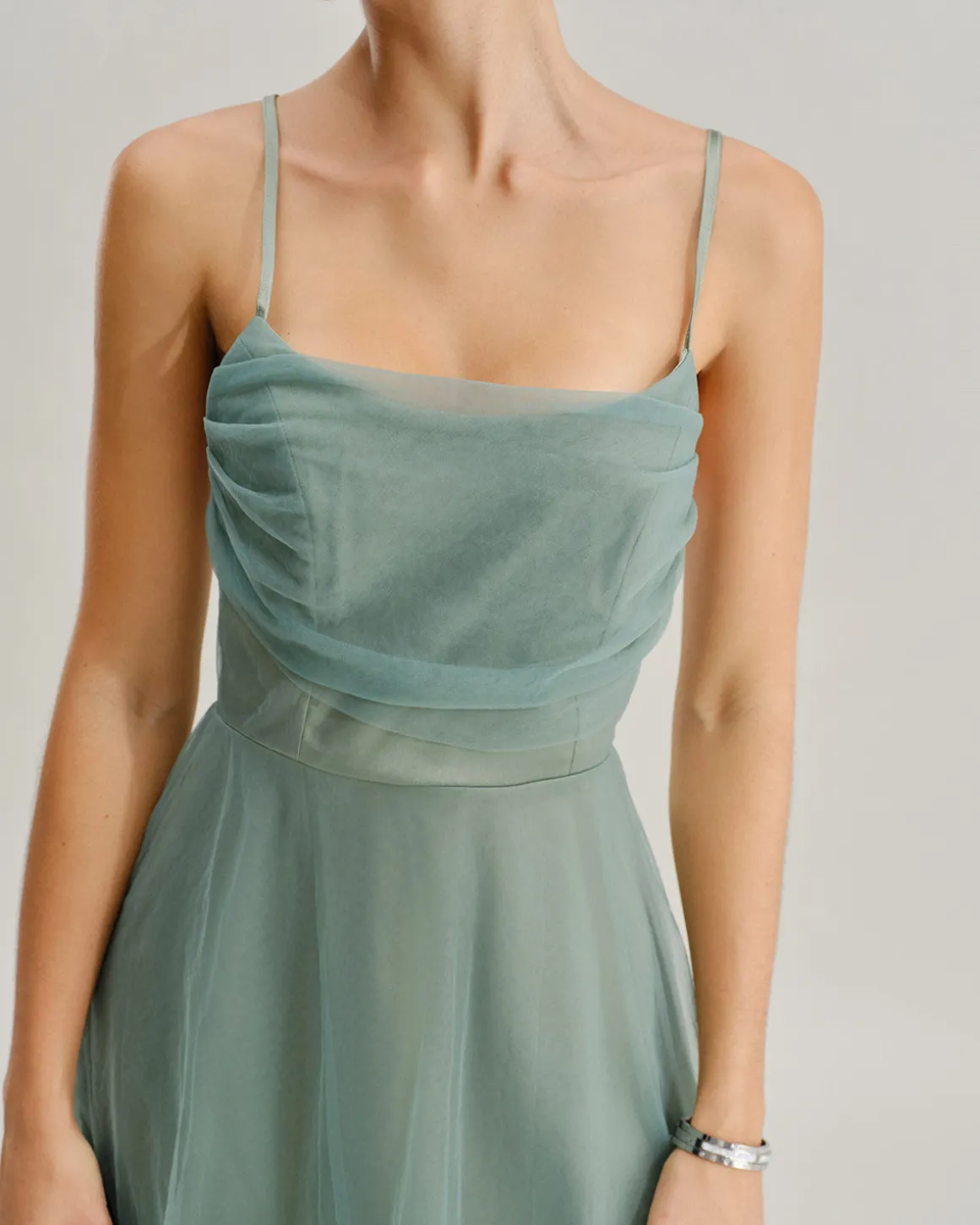 Green Mesh Flowy Slip Midi Dress