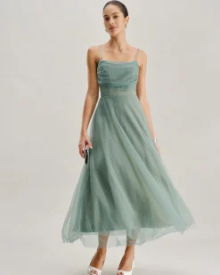 Green Mesh Flowy Slip Midi Dress