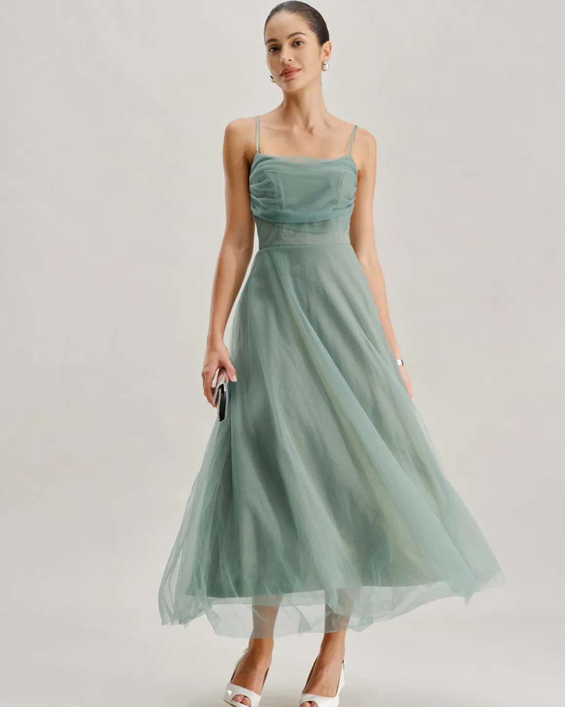 Green Mesh Flowy Slip Midi Dress