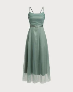 Green Mesh Flowy Slip Midi Dress