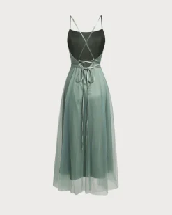 Green Mesh Flowy Slip Midi Dress