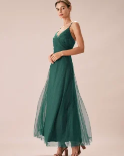 Green Mesh Wrap Slip Maxi Dress