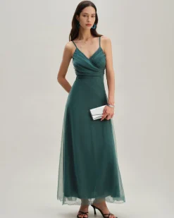 Green Mesh Wrap Slip Maxi Dress