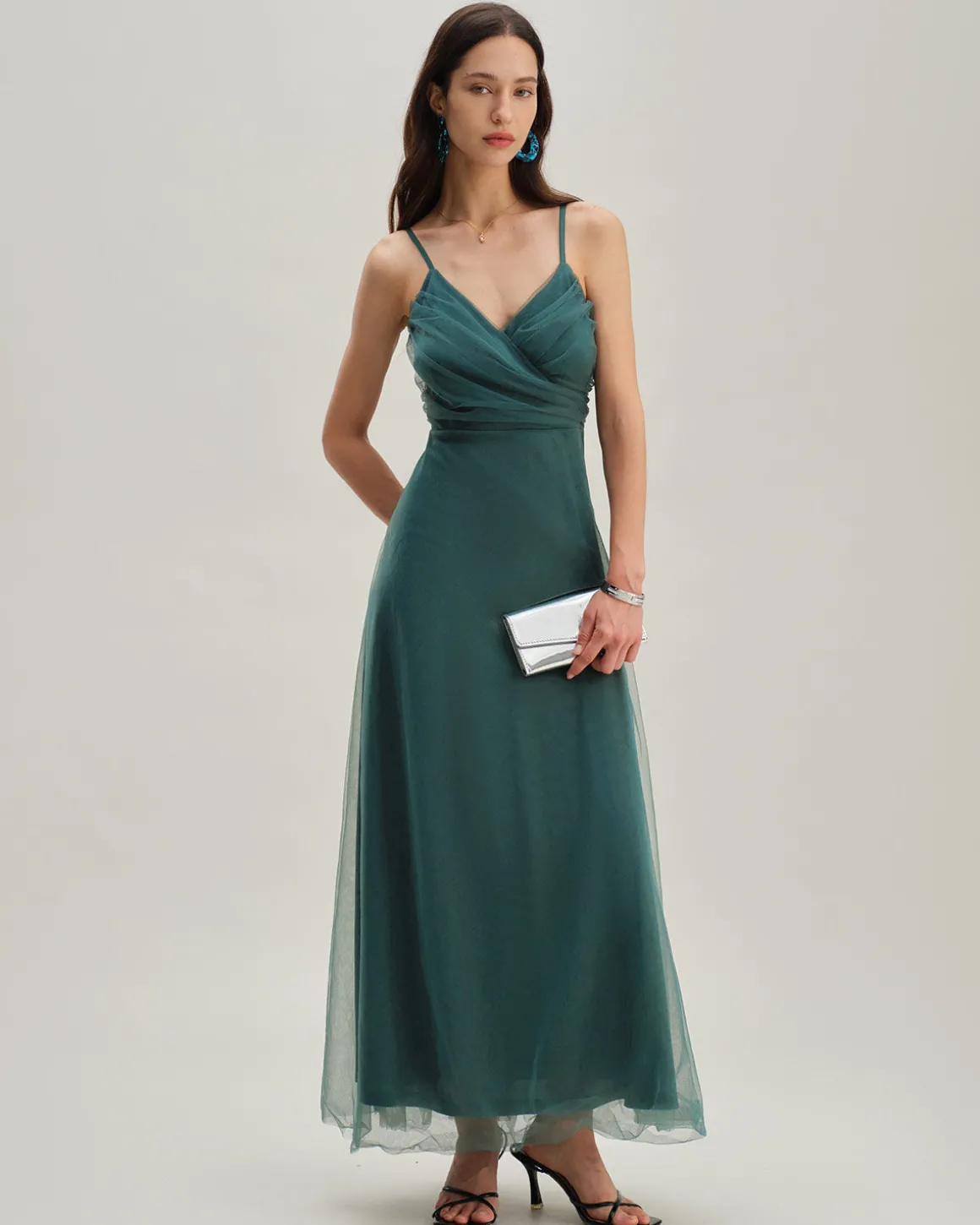 Green Mesh Wrap Slip Maxi Dress