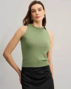 Green Mock Neck Slim Tank Top
