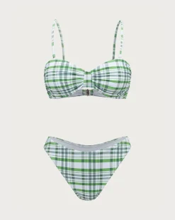 Green Plaid Pleated Bikini Set