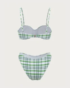 Green Plaid Pleated Bikini Set