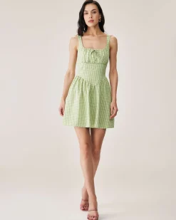 Green Plaid Ruched Slip Mini Dress