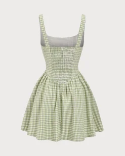 Green Plaid Ruched Slip Mini Dress