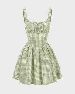 Green Plaid Ruched Slip Mini Dress
