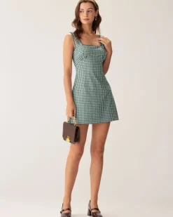 Green Plaid Square Neck Slip Mini Dress