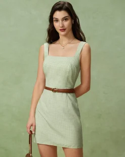 Green Plaid Square Neck Shirred Slip Mini Dress