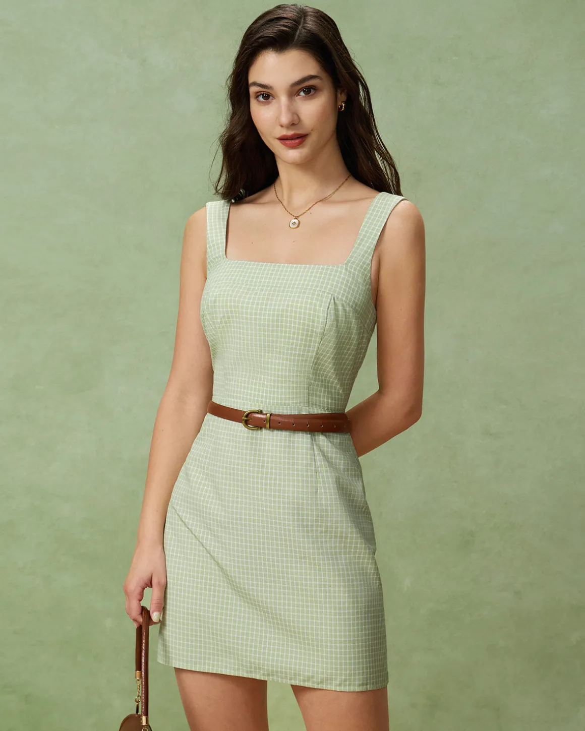 Green Plaid Square Neck Shirred Slip Mini Dress