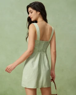 Green Plaid Square Neck Shirred Slip Mini Dress