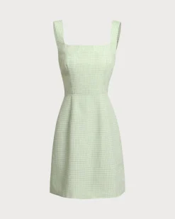 Green Plaid Square Neck Shirred Slip Mini Dress