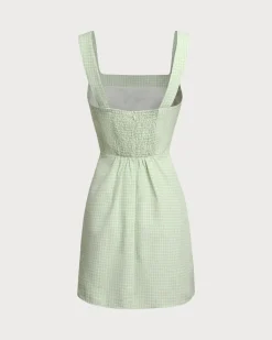 Green Plaid Square Neck Shirred Slip Mini Dress
