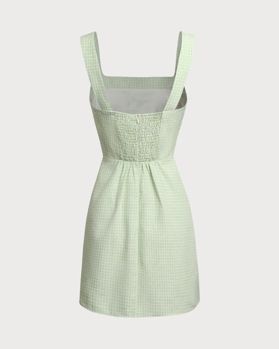 Green Plaid Square Neck Shirred Slip Mini Dress