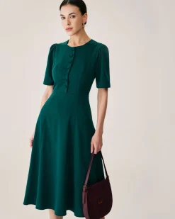 Green Puffed Sleeve Button Midi Dress