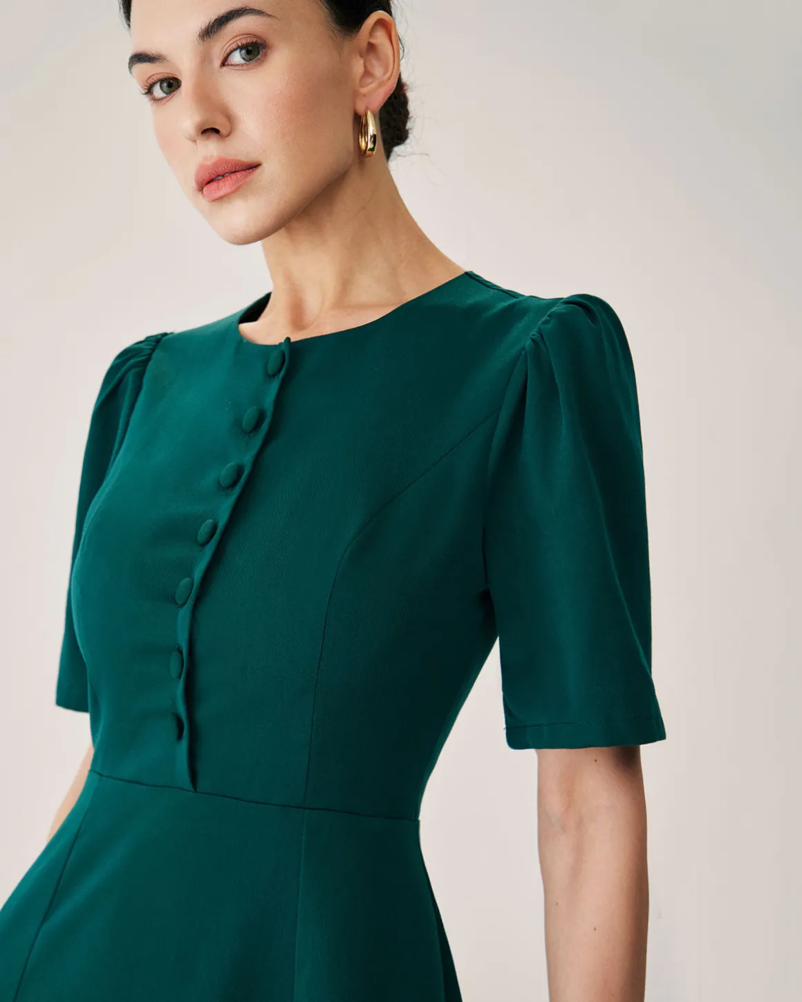 Green Puffed Sleeve Button Midi Dress