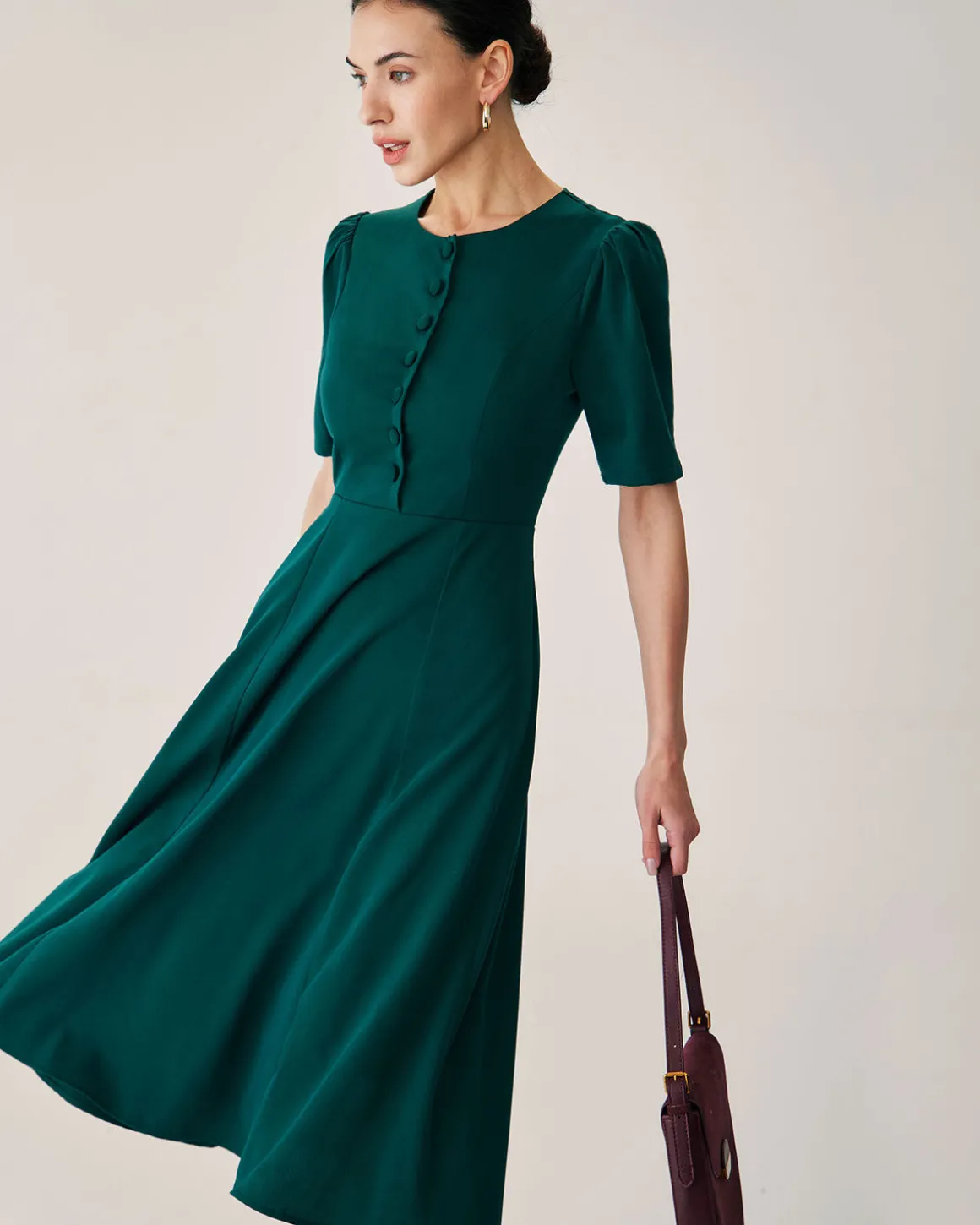 Green Puffed Sleeve Button Midi Dress