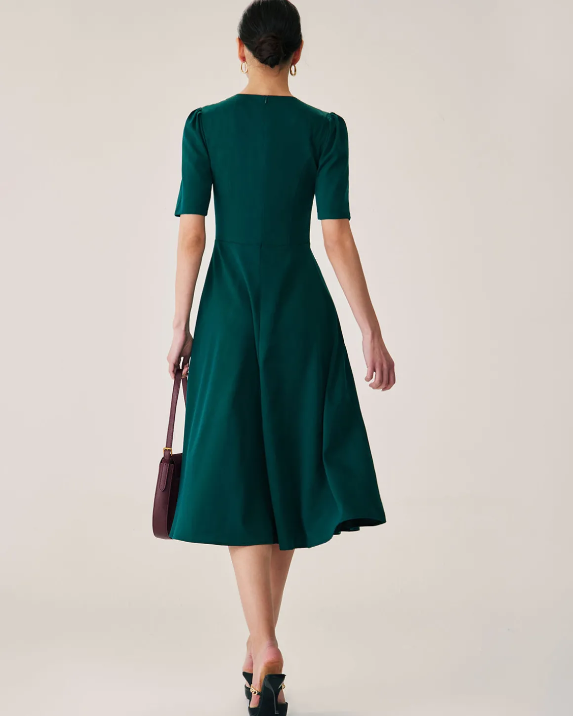 Green Puffed Sleeve Button Midi Dress