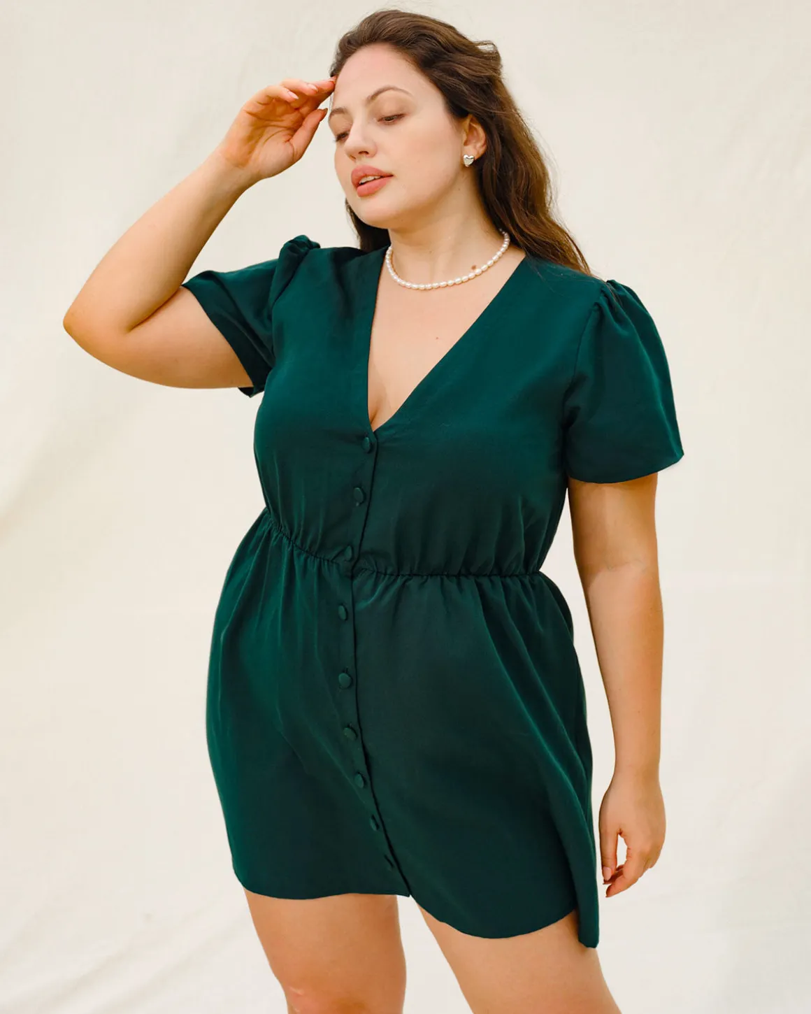 Green Puffed Sleeve Plus Size Mini Dress