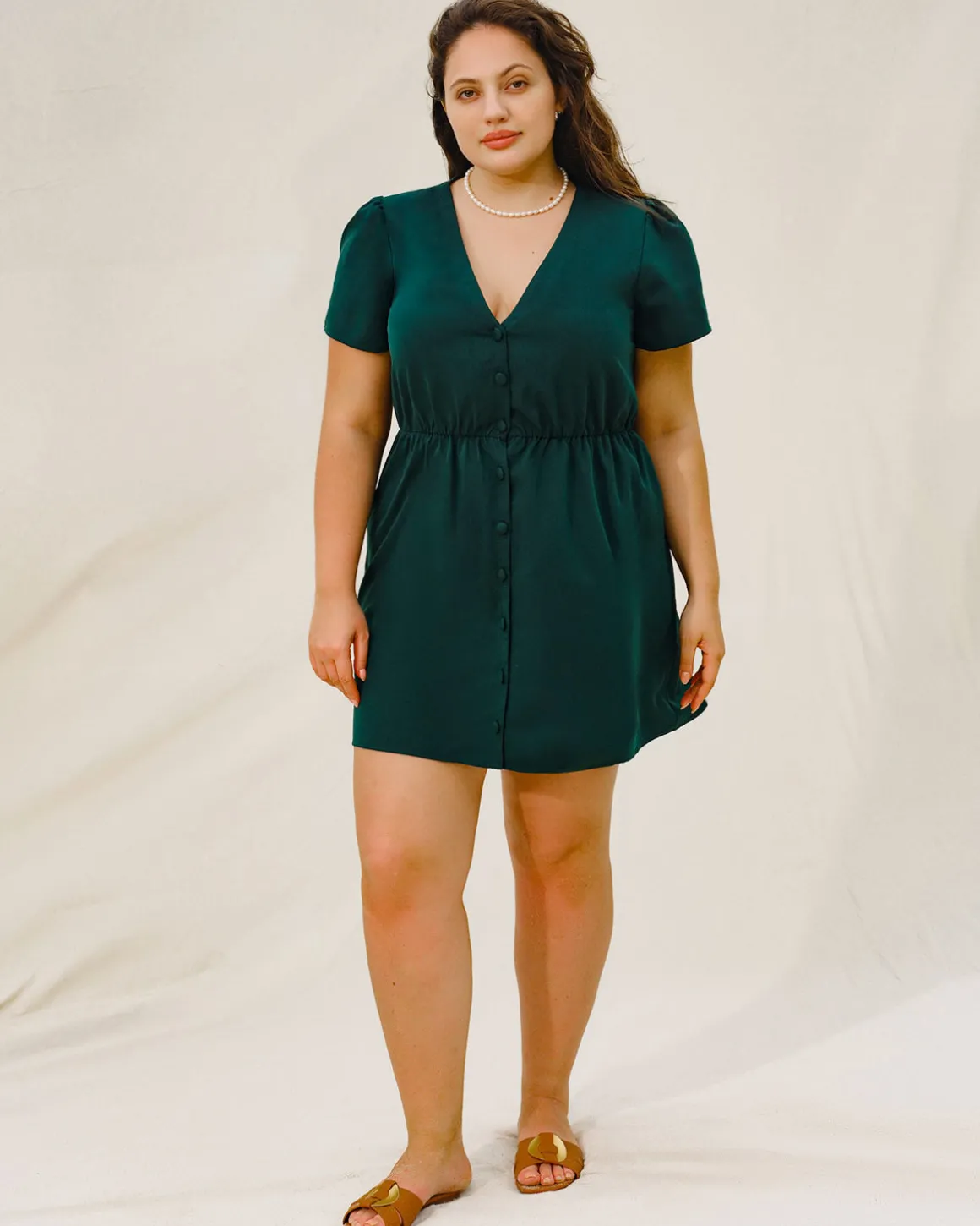 Green Puffed Sleeve Plus Size Mini Dress